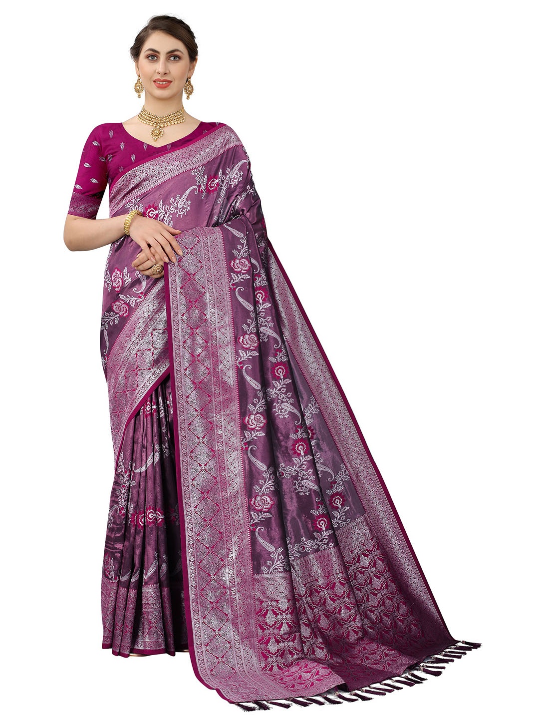 

CLEMIRA Floral Woven Design Zari Saree, Burgundy