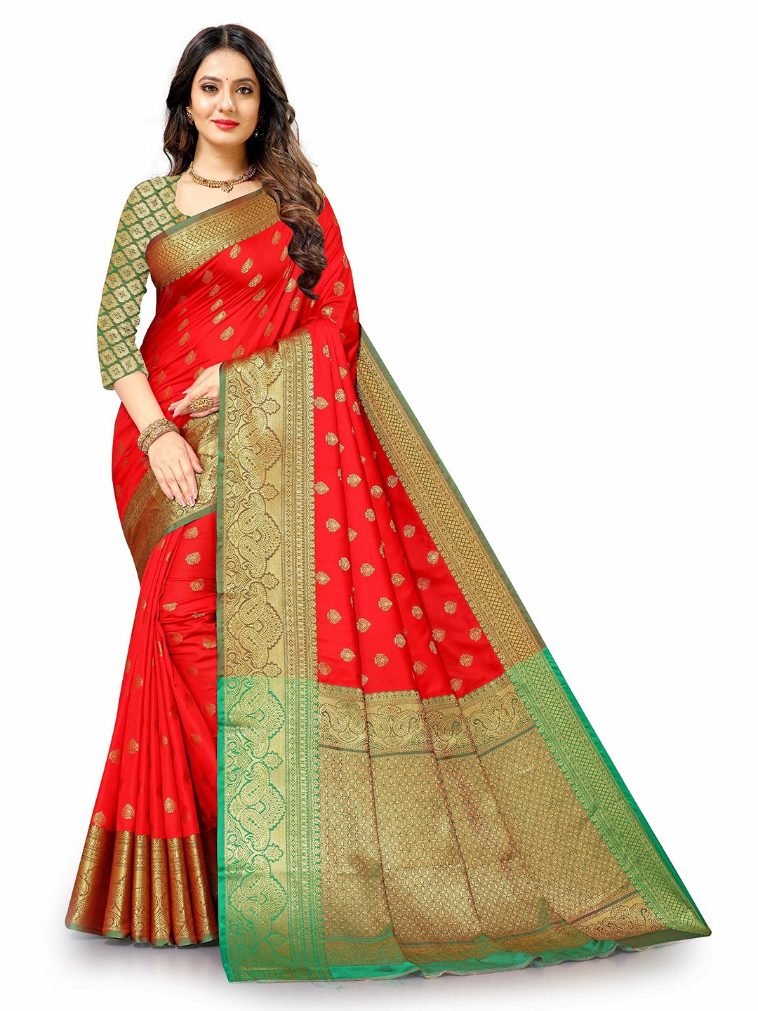 

CLEMIRA Ethnic Motifs Woven Design Zari Saree, Red