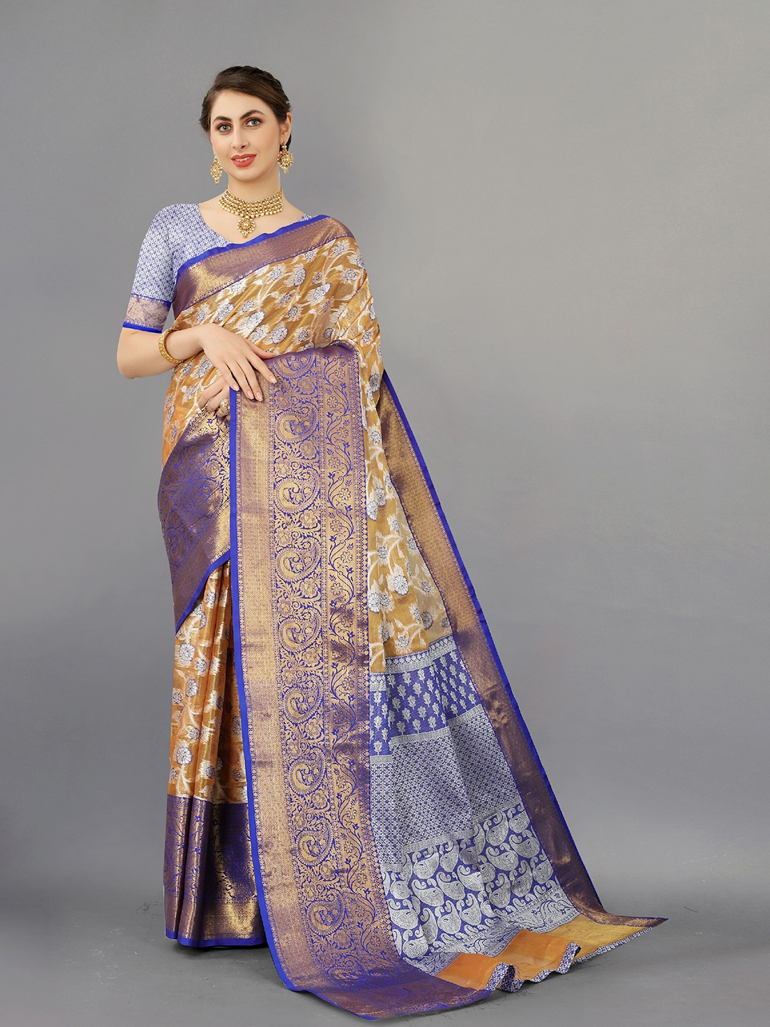 

CLEMIRA Floral Woven Design Zari Saree, Beige