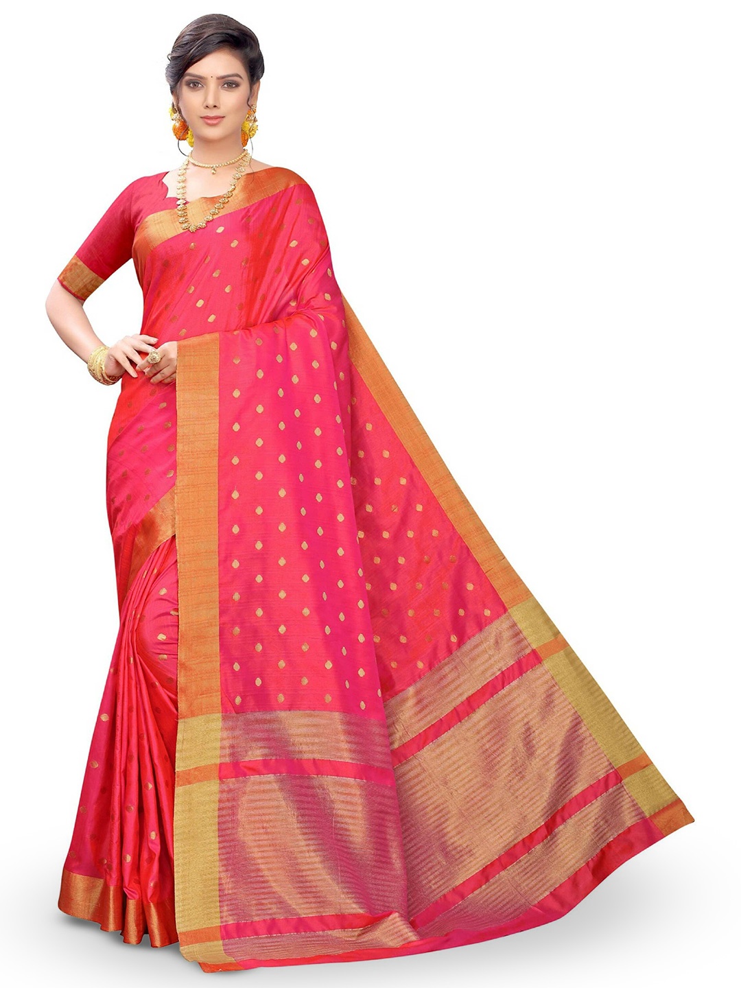 

CLEMIRA Geometric Woven Design Zari Saree, Peach