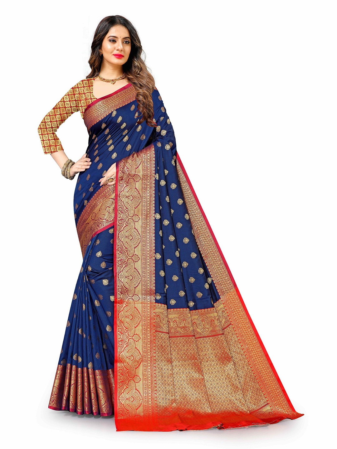 

CLEMIRA Ethnic Motifs Woven Design Zari Silk Blend Saree, Navy blue
