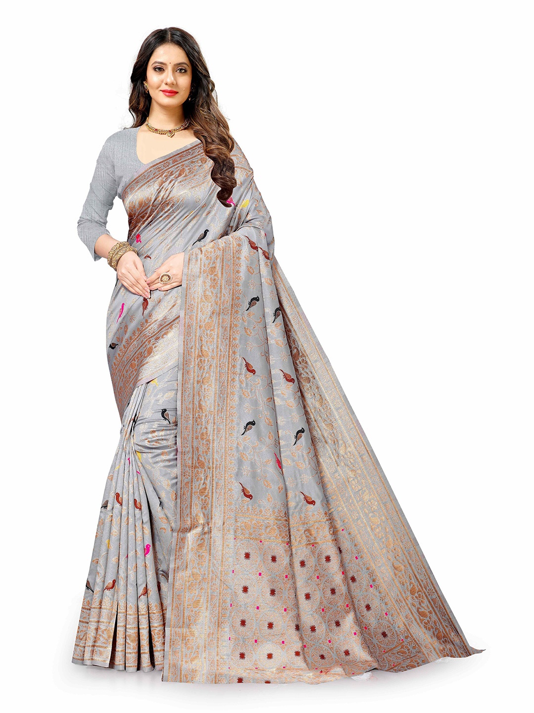 

CLEMIRA Conversational Print Woven Design Zari Silk Blend Saree, Grey