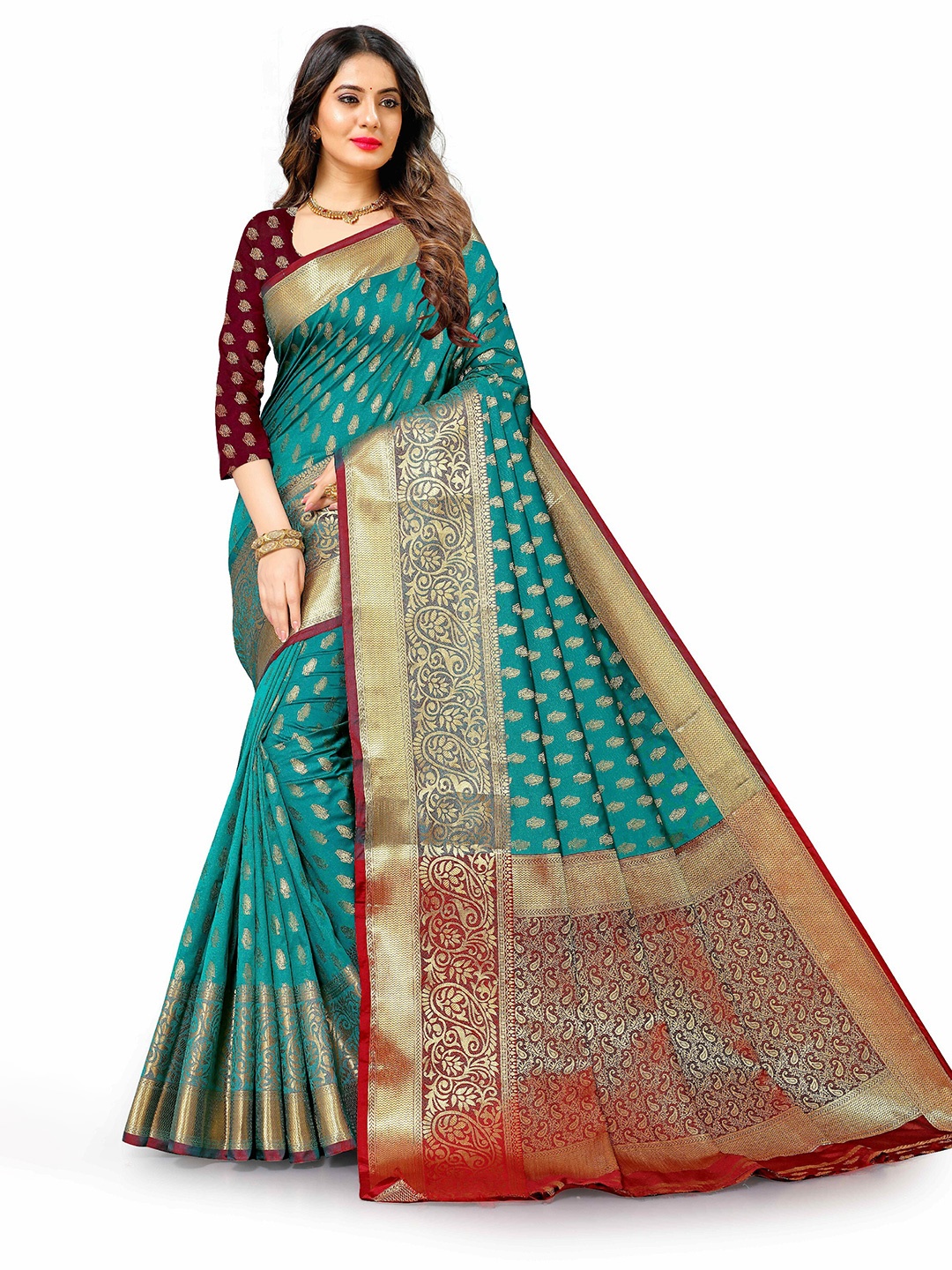

CLEMIRA Ethnic Woven Design Zari Saree, Green