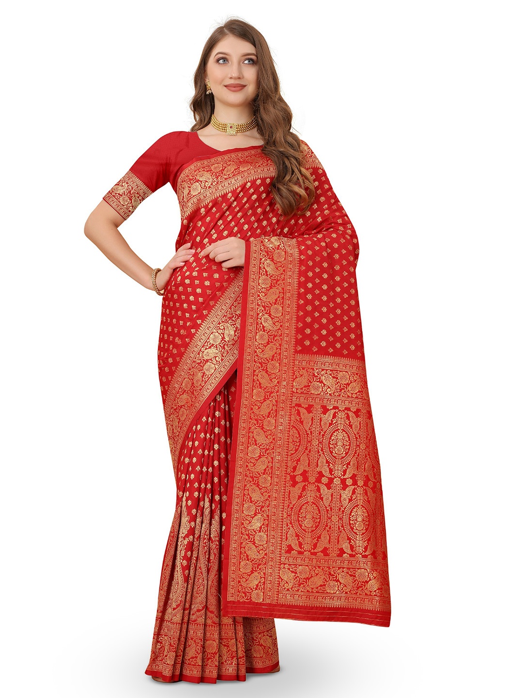 

CLEMIRA Woven Design Zari Saree, Red