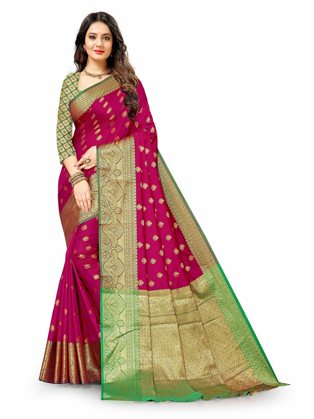 

CLEMIRA Geometric Woven Design Zari Saree, Magenta