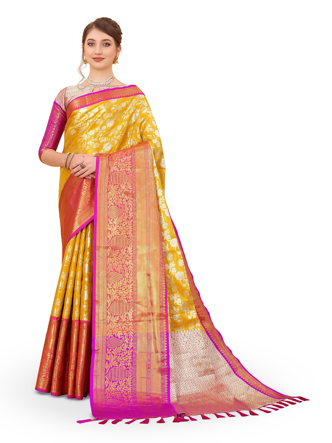 

CLEMIRA Floral Printed Woven Design Zari Silk Blend Saree, Yellow