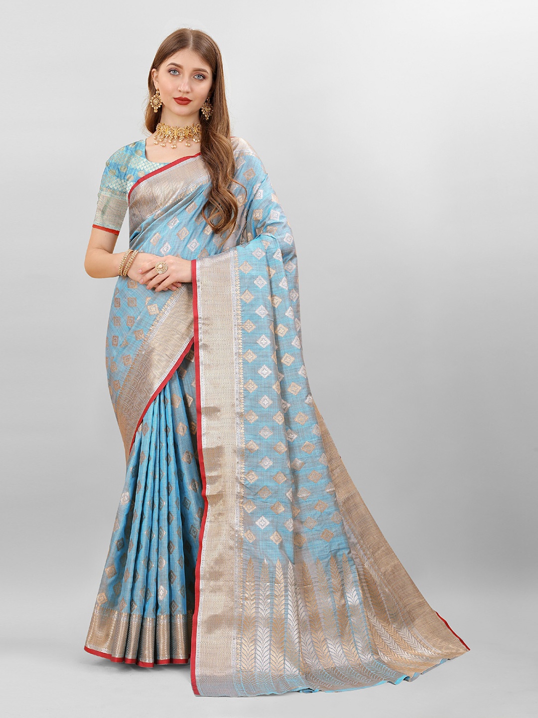 

CLEMIRA Ethnic Motifs Woven Design Zari Saree, Turquoise blue