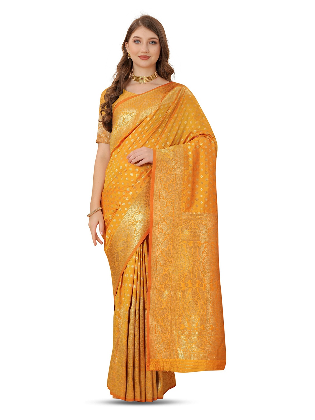 

CLEMIRA Ethnic Motifs Woven Design Zari Silk Blend Saree, Yellow