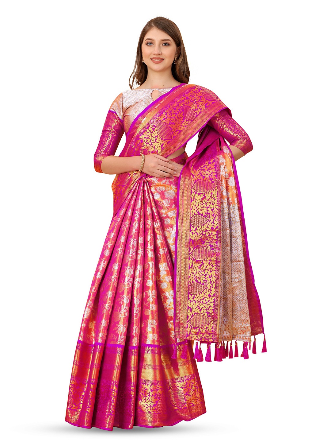 

CLEMIRA Woven Design Zari Saree, Pink