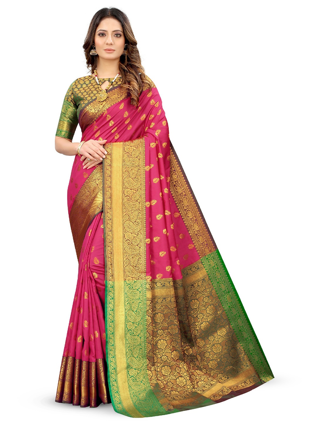 

CLEMIRA Woven Design Zari Detailed Saree, Pink