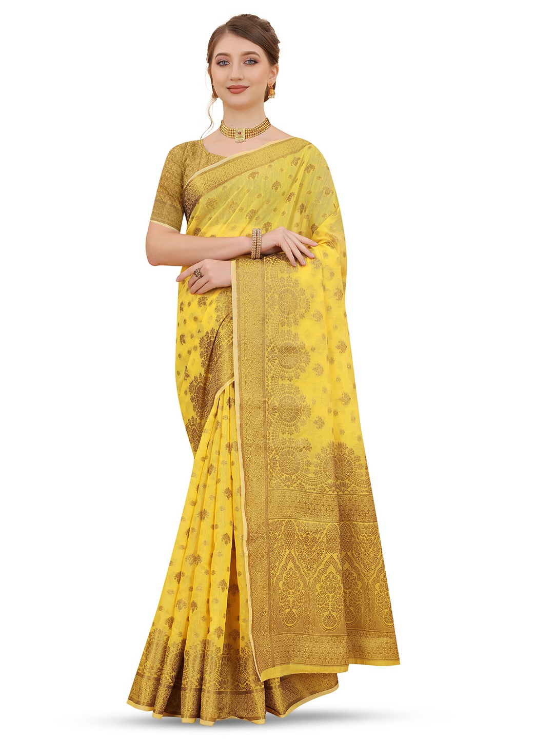 

CLEMIRA Woven Design Zari Saree, Yellow