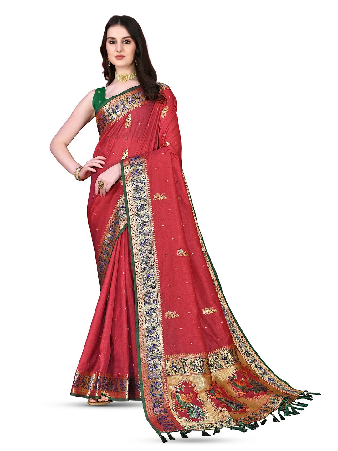 

CLEMIRA Ethnic Motifs Woven Design Zari Saree, Red