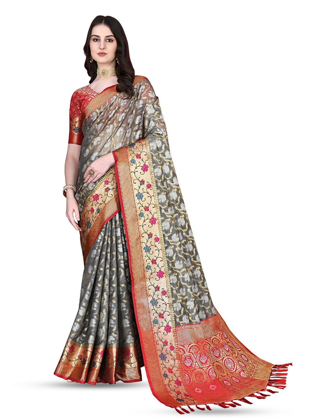 

CLEMIRA Floral Woven Design Zari Silk Blend Saree, Grey