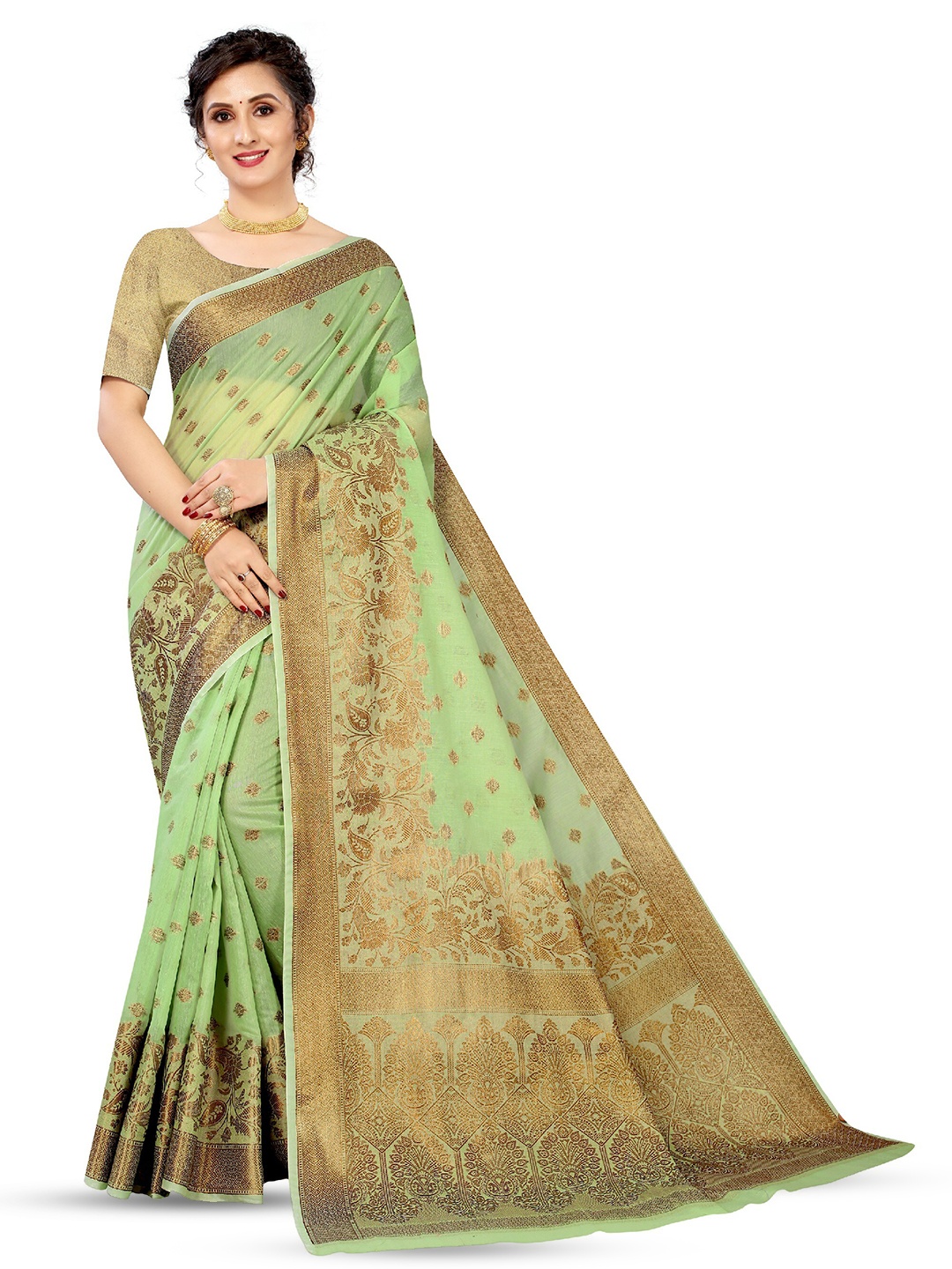 

CLEMIRA Ethnic Motifs Woven Design Zari Saree, Green