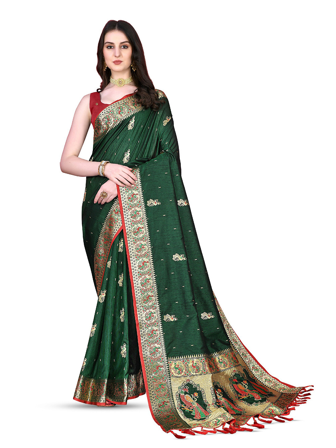 

CLEMIRA Woven Design Zari Saree, Green