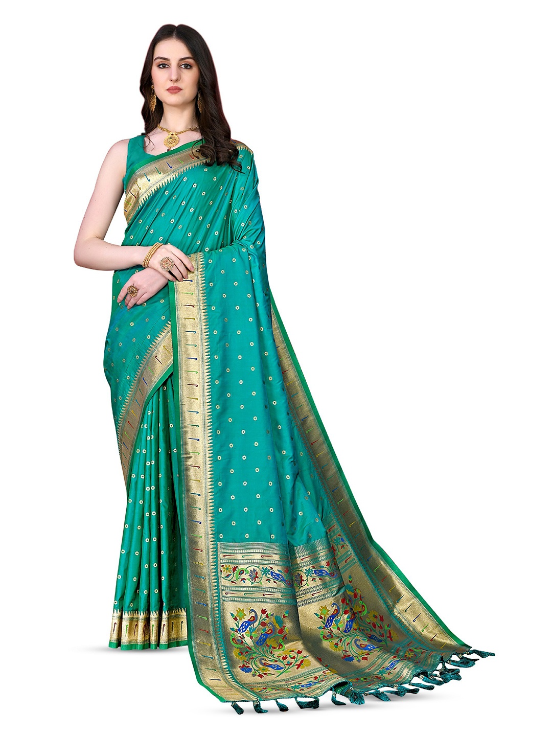 

CLEMIRA Ethnic Motifs Woven Design Zari Saree, Turquoise blue