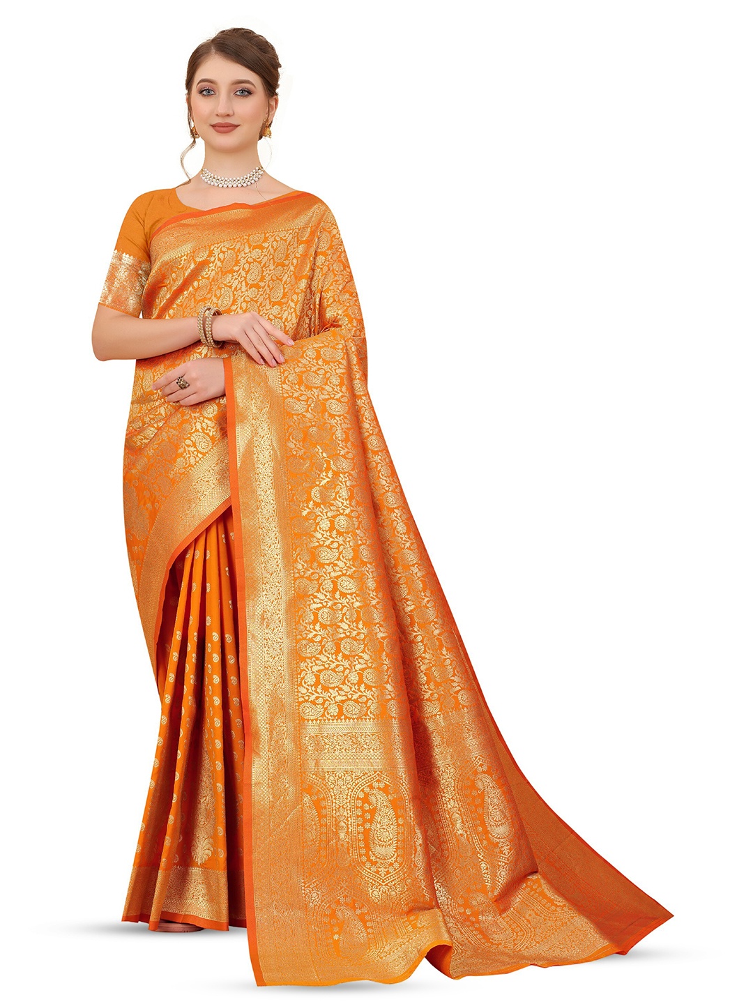 

CLEMIRA Woven Design Zari Silk Blend Saree, Orange