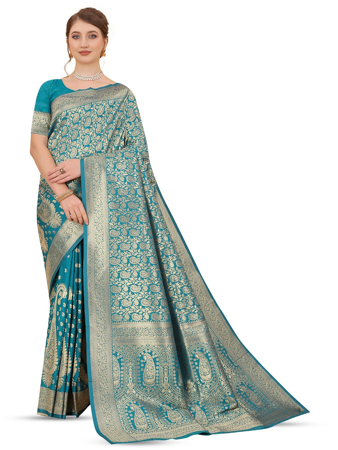 

CLEMIRA Woven Design Zari Saree, Turquoise blue