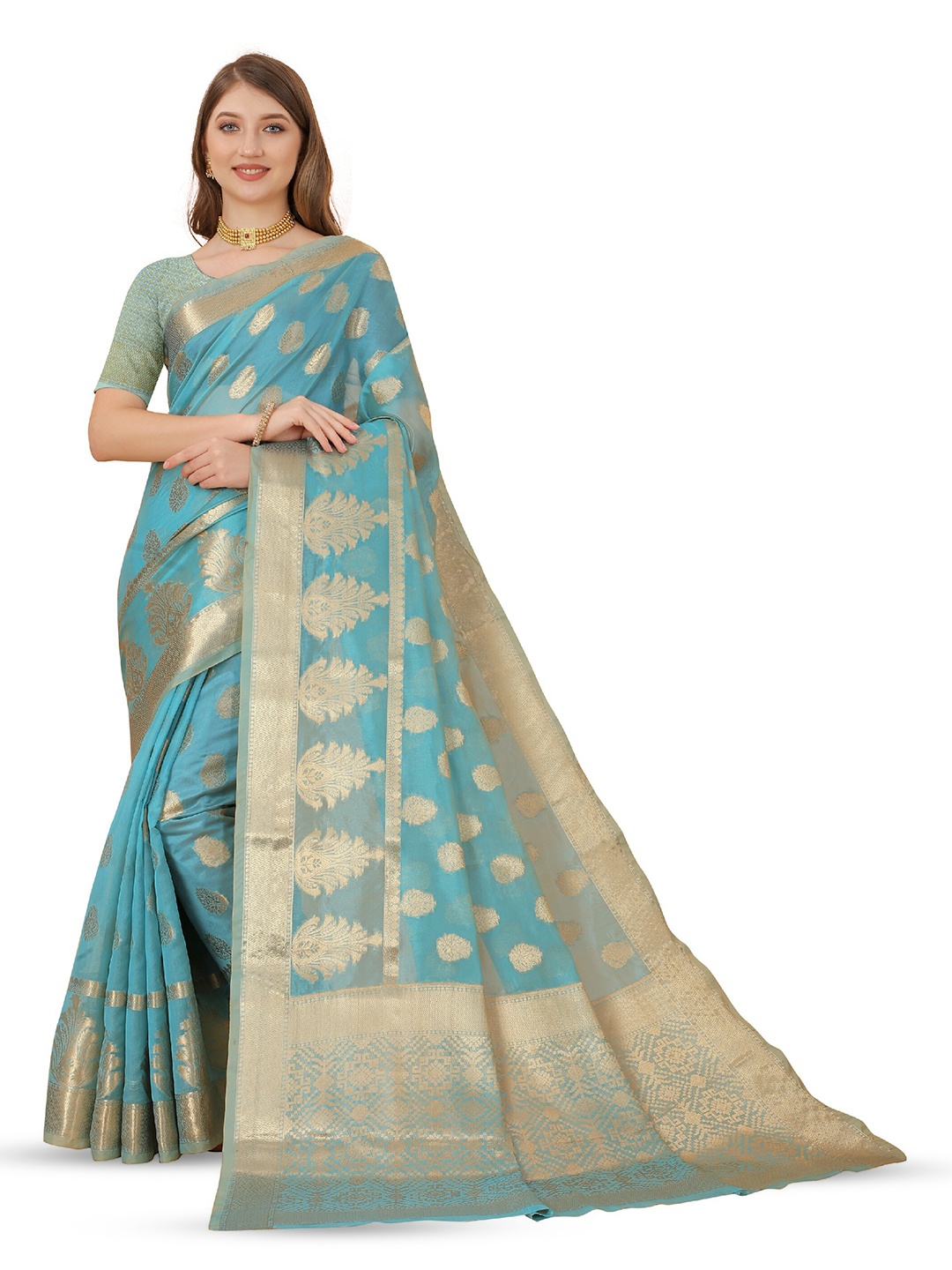 

CLEMIRA Ethnic Motifs Woven Design Zari Silk Blend Saree, Turquoise blue