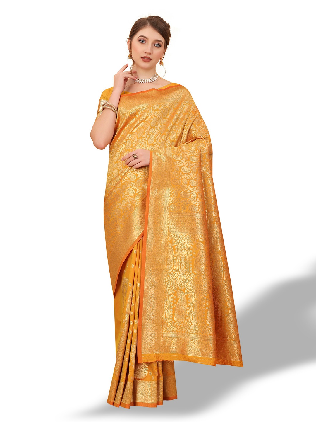 

CLEMIRA Ethnic Motifs Woven Design Zari Silk Blend Saree, Yellow