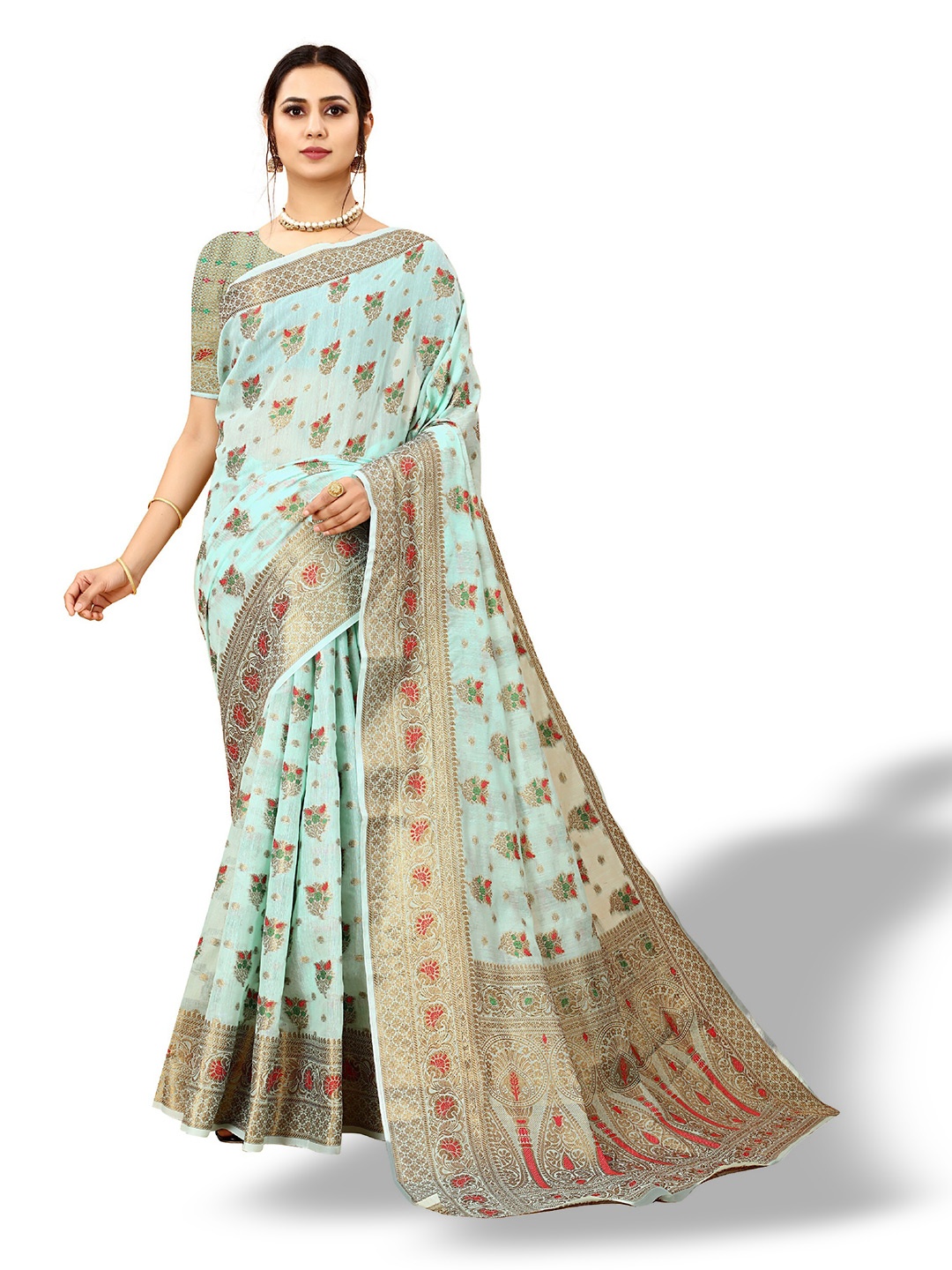 

CLEMIRA Ethnic Motifs Woven Design Zari Silk Blend Saree, Turquoise blue