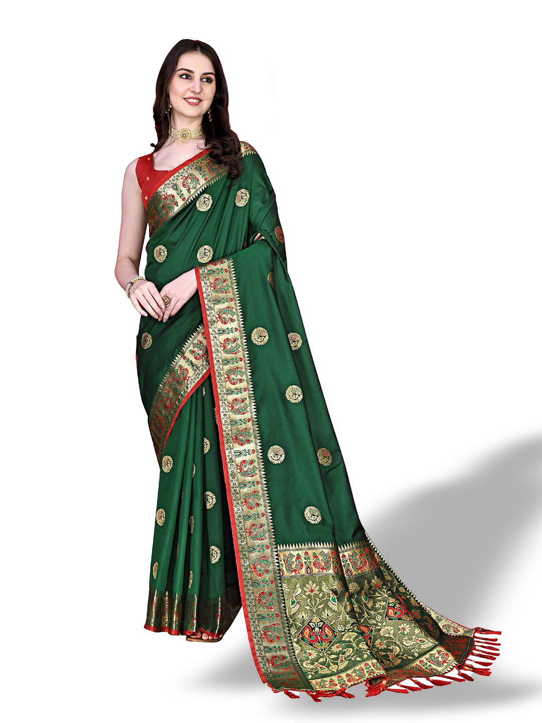 

CLEMIRA Ethnic Motifs Woven Design Zari Silk Blend Saree, Green