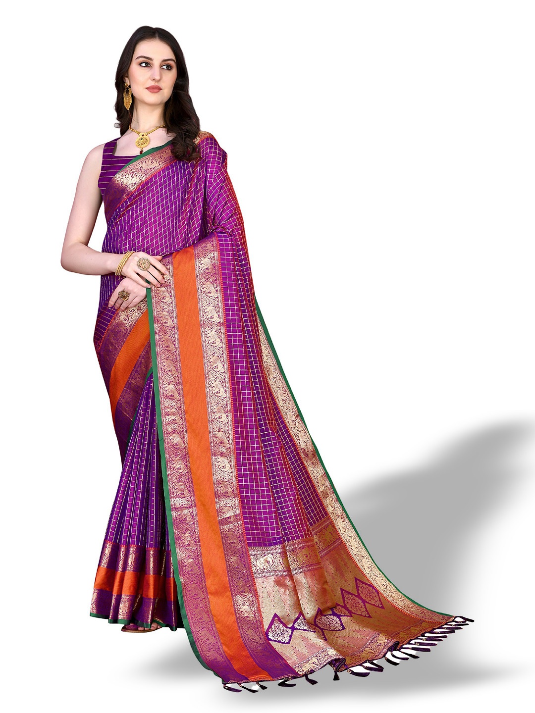 

CLEMIRA Check Woven Design Zari Silk Blend Saree, Magenta