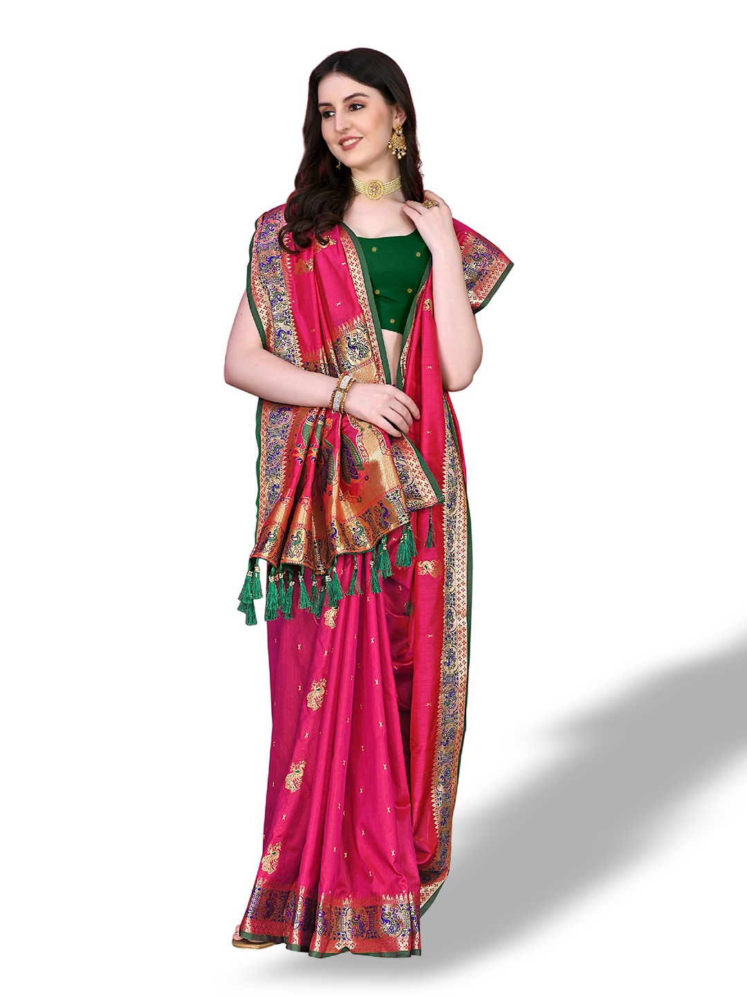 

CLEMIRA Ethnic Motifs Woven Design Zari Silk Blend Saree, Pink