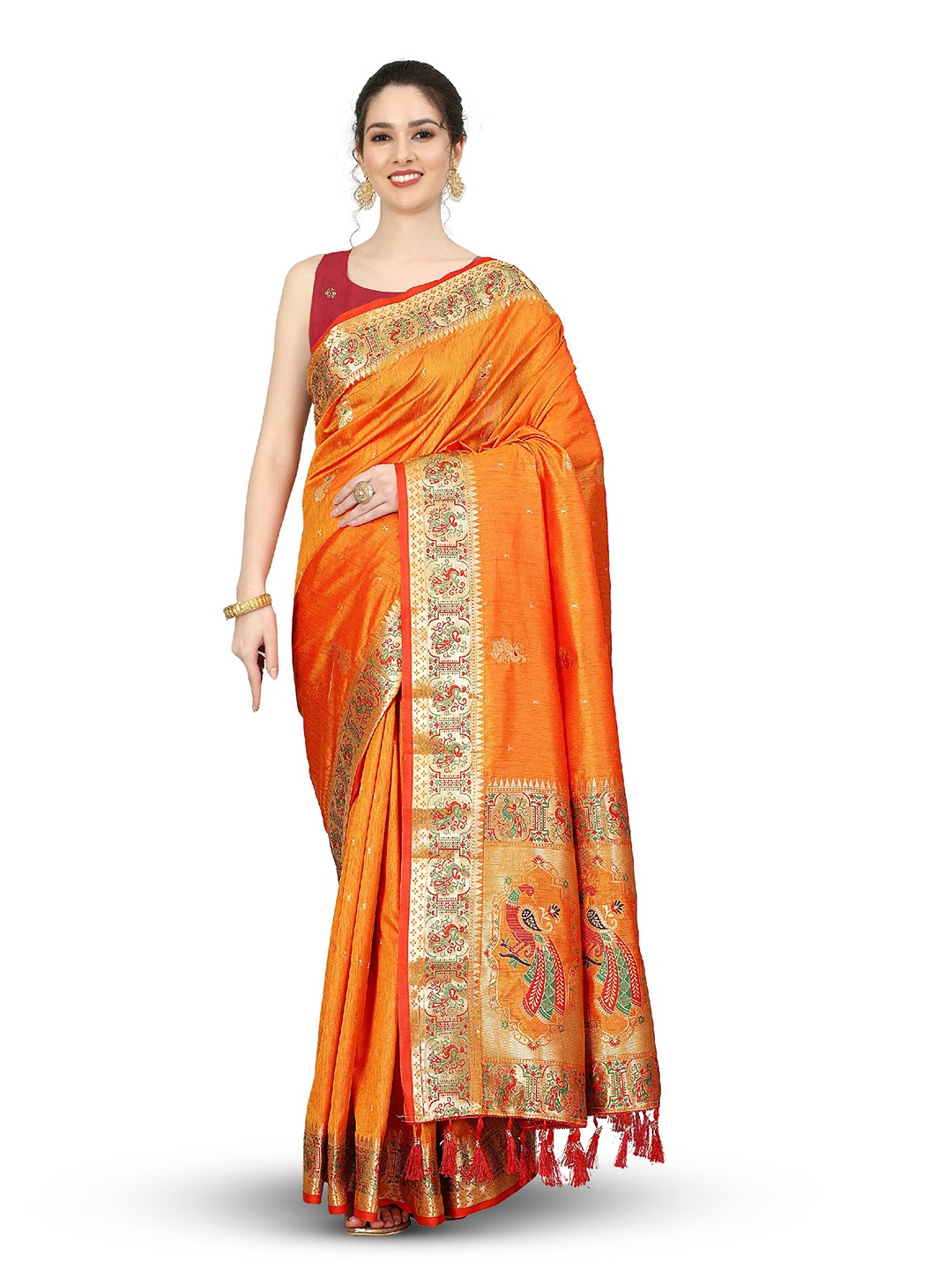 

CLEMIRA Ethnic Motifs Woven Design Zari Saree, Orange