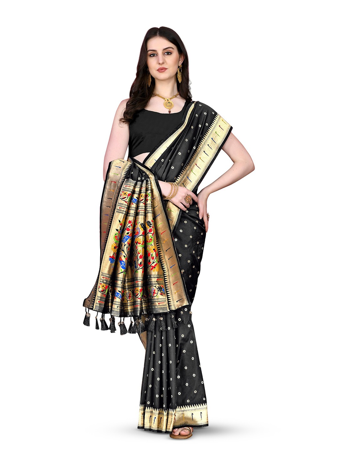

CLEMIRA Ethnic Motifs Woven Design Zari Silk Blend Saree, Black