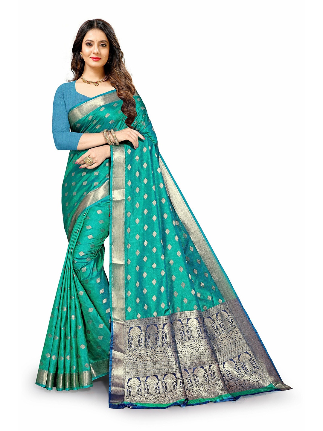 

CLEMIRA Woven Design Zari Saree, Turquoise blue