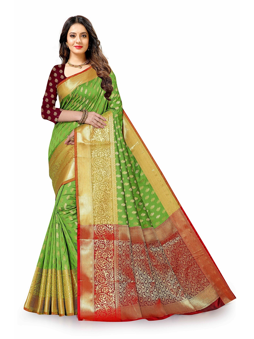 

CLEMIRA Paisley Woven Design Zari Silk Blend Saree, Green