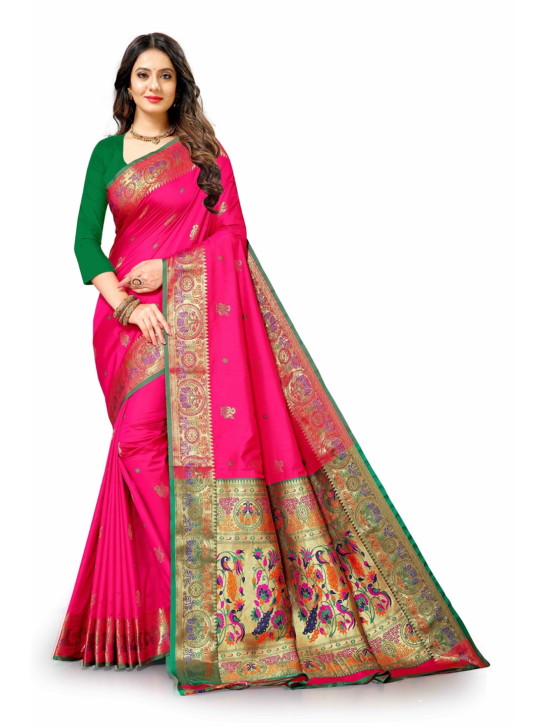 

CLEMIRA Ethnic Motifs Woven Design Zari Saree, Pink