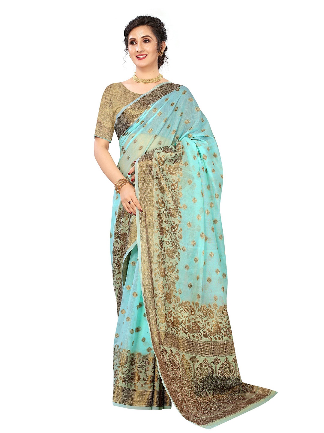 

CLEMIRA Woven Design Zari Saree, Turquoise blue