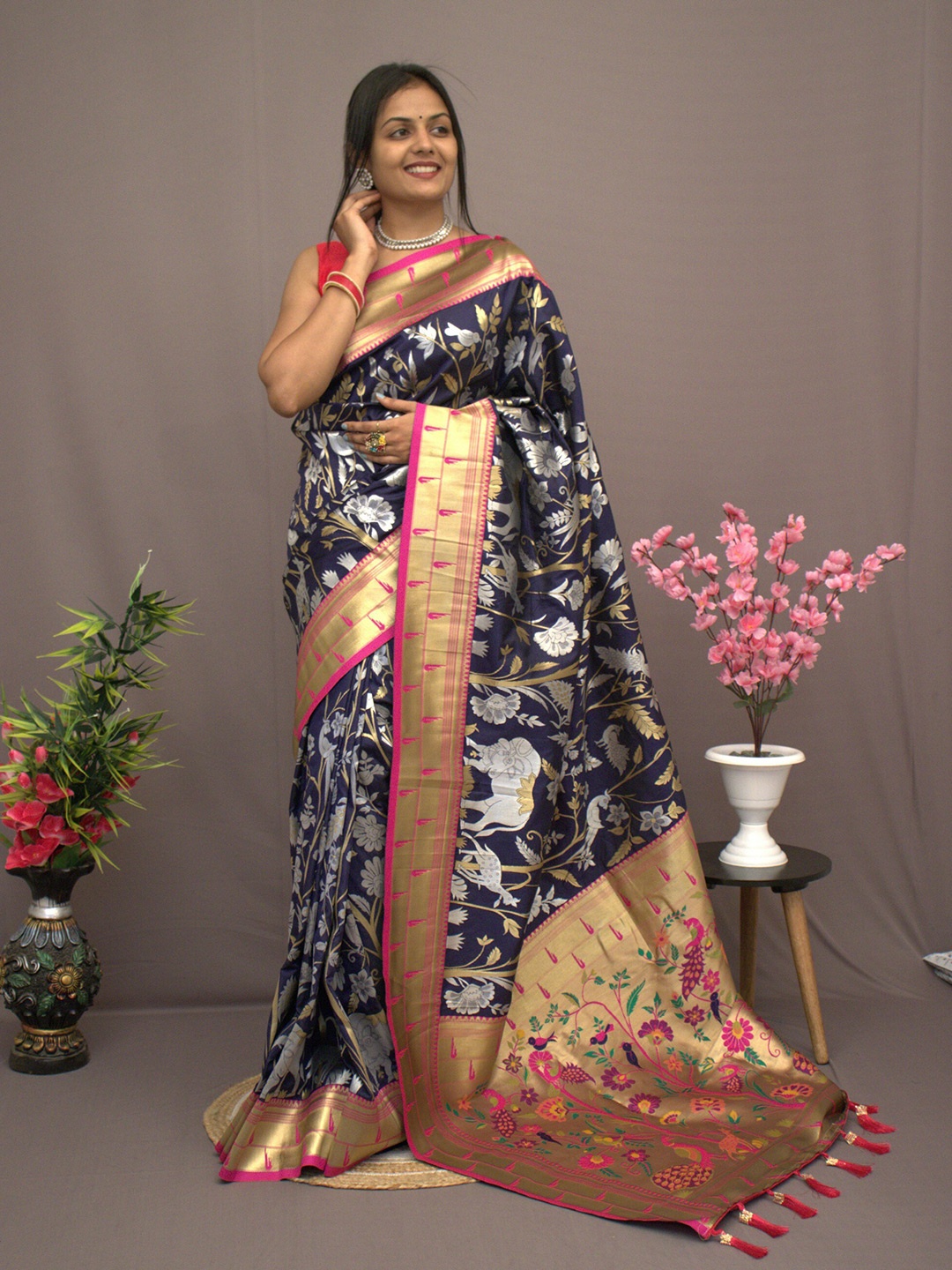 

CLEMIRA Floral Woven Design Zari Saree, Navy blue
