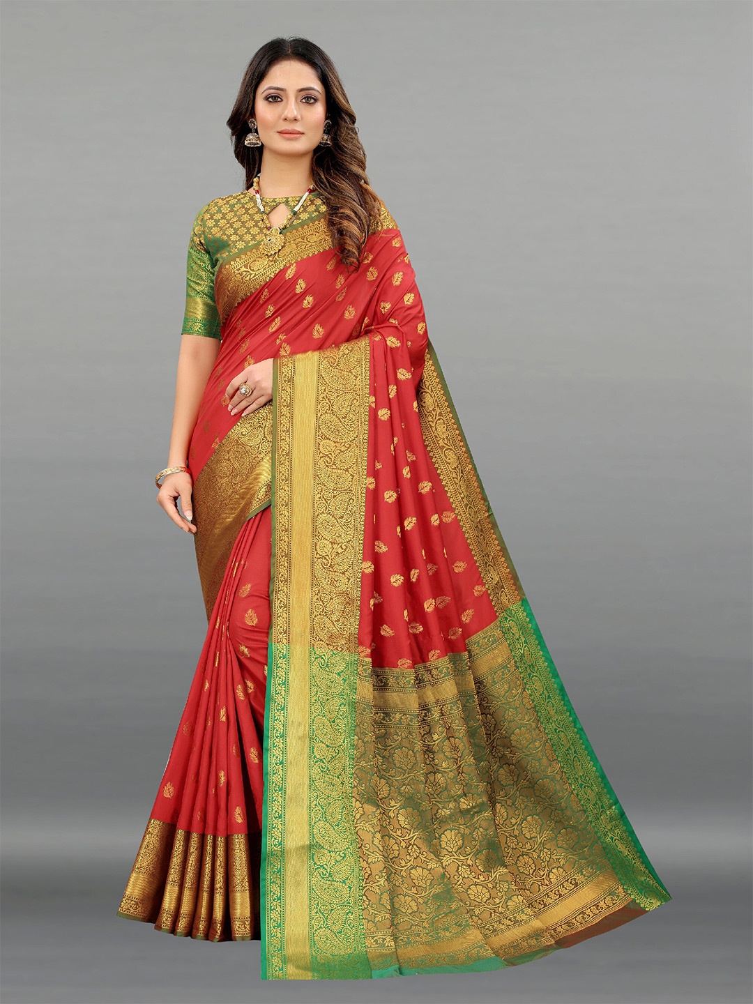 

CLEMIRA Ethnic Motifs Woven Design Zari Saree, Red