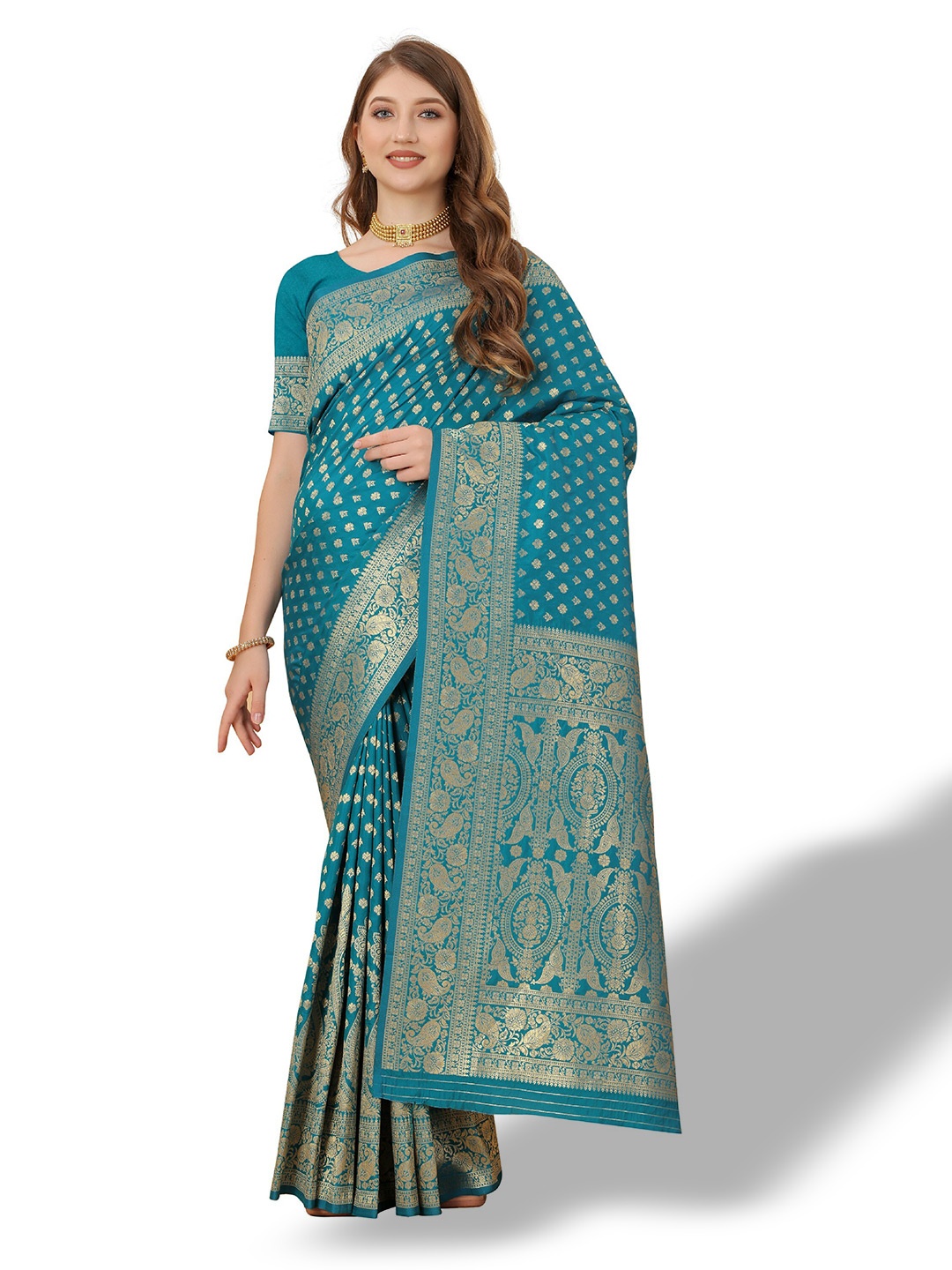 

CLEMIRA Woven Design Zari Saree, Turquoise blue