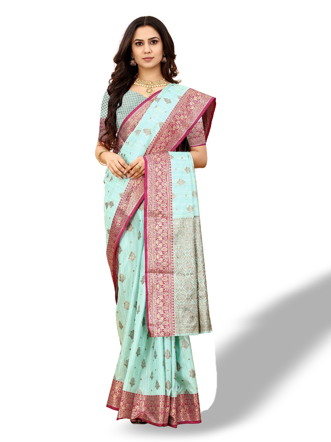 

CLEMIRA Woven Design Zari Saree, Turquoise blue