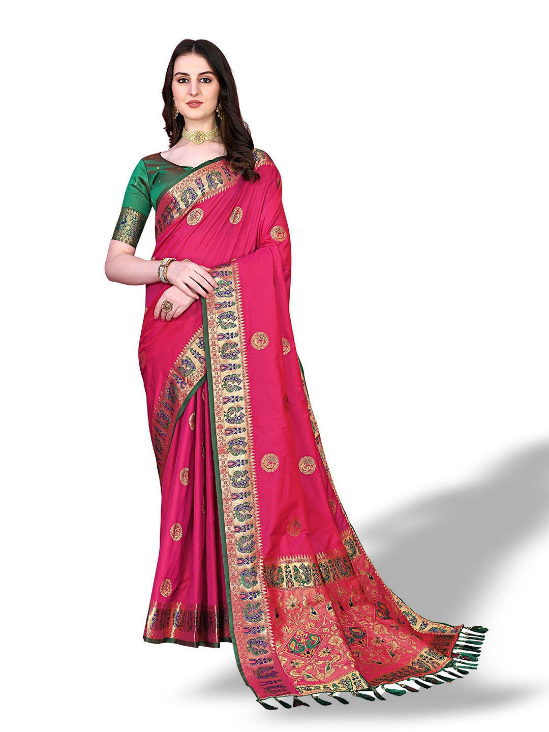 

CLEMIRA Ethnic Motifs Woven Design Zari Silk Blend Saree, Pink