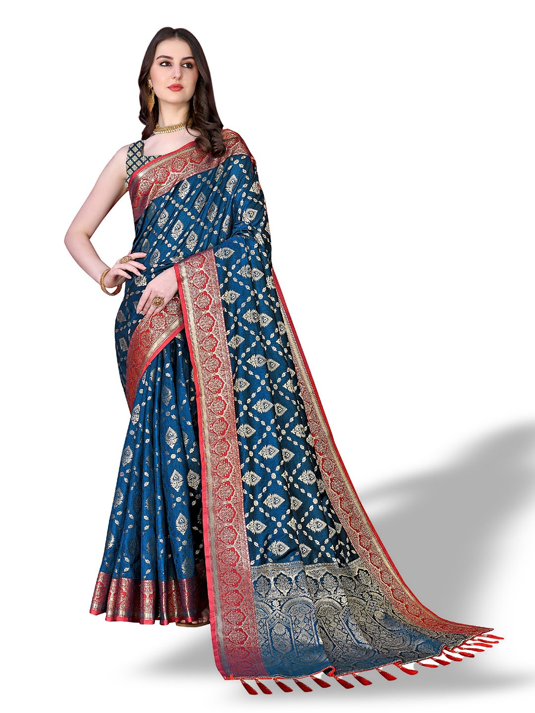 

CLEMIRA Woven Design Zari Silk Blend Saree, Navy blue