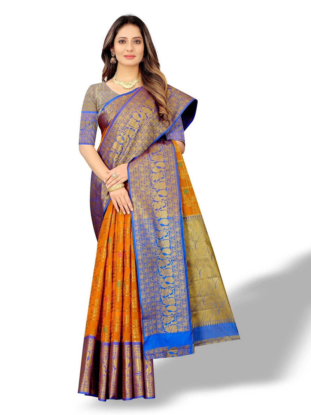 

CLEMIRA Woven Design Zari Saree, Mustard