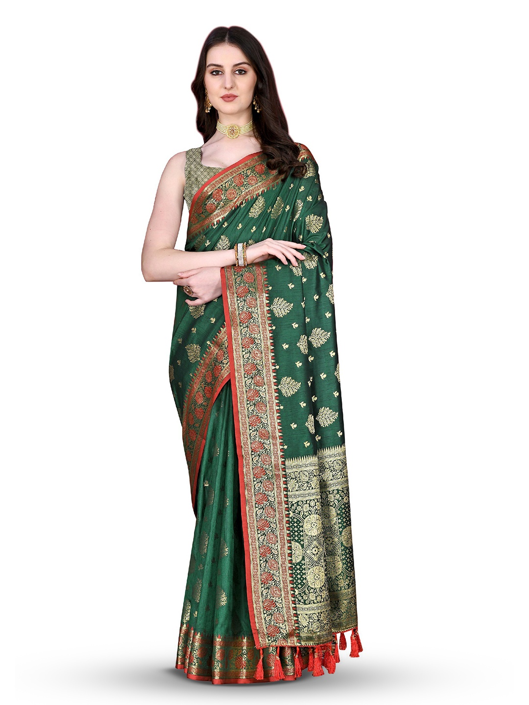 

CLEMIRA Ethnic Motifs Woven Design Zari Silk Blend Saree, Green