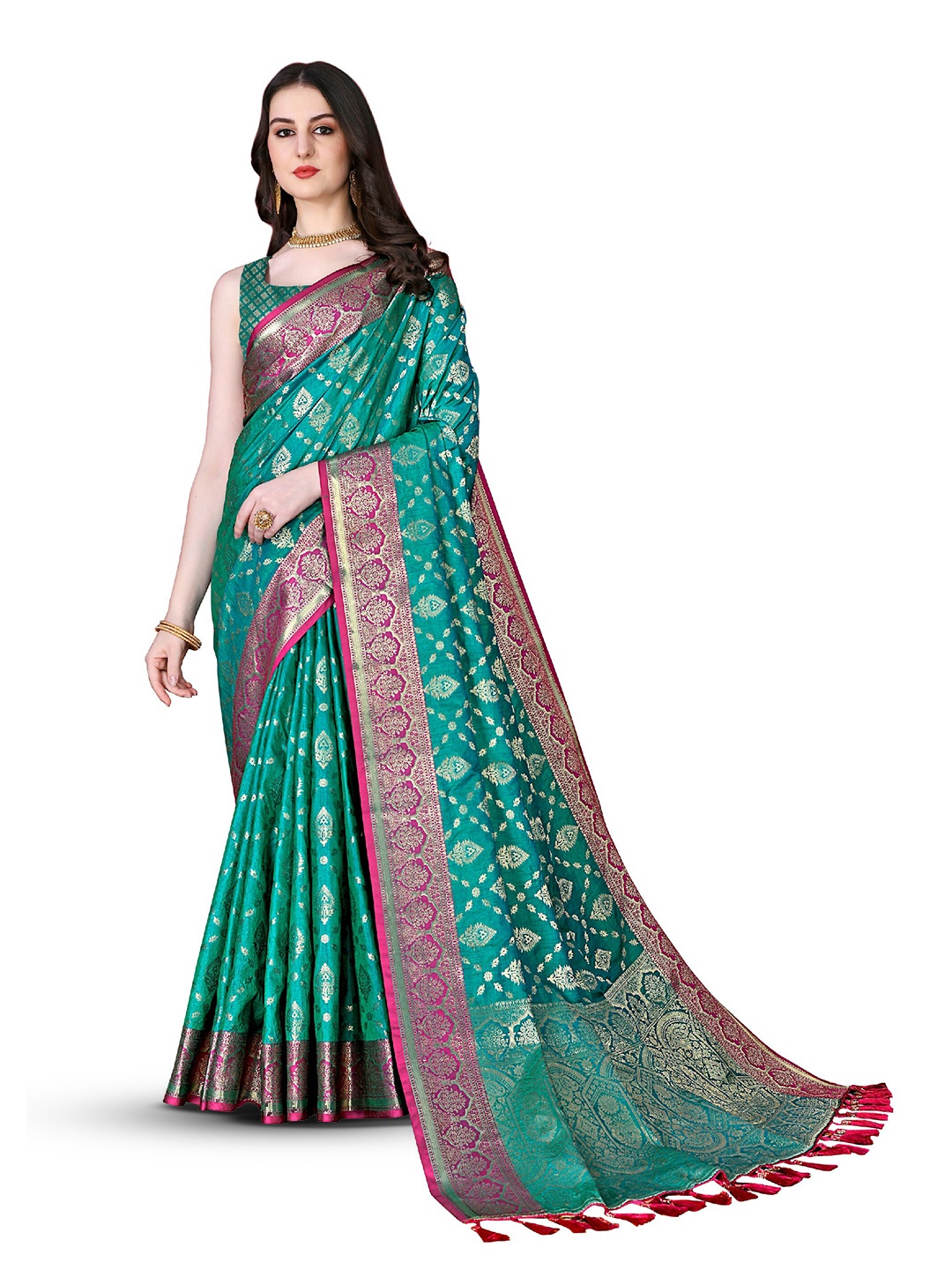 

CLEMIRA Woven Design Zari Saree, Turquoise blue