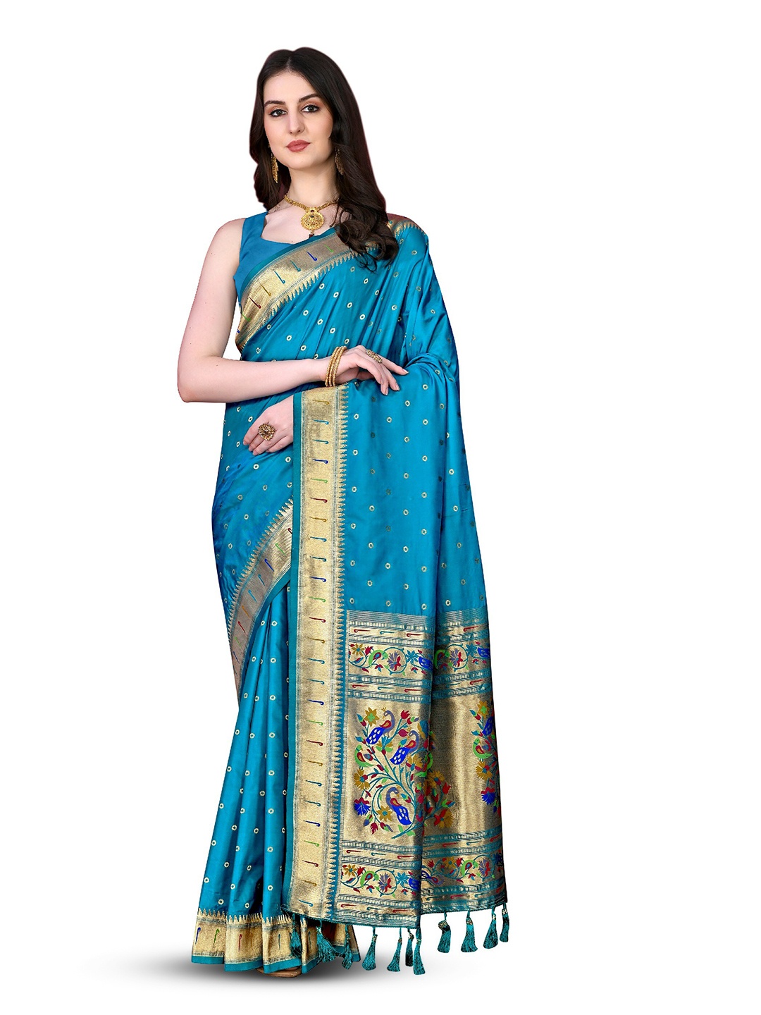 

CLEMIRA Geometric Woven Design Zari Saree, Turquoise blue