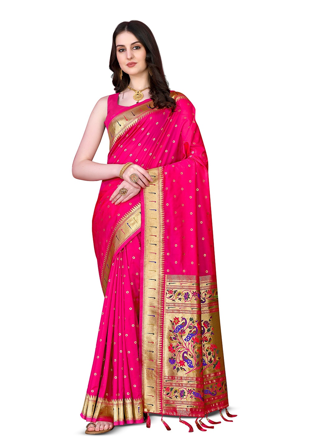 

CLEMIRA Ethnic Motifs Woven Design Zari Silk Blend Saree, Pink