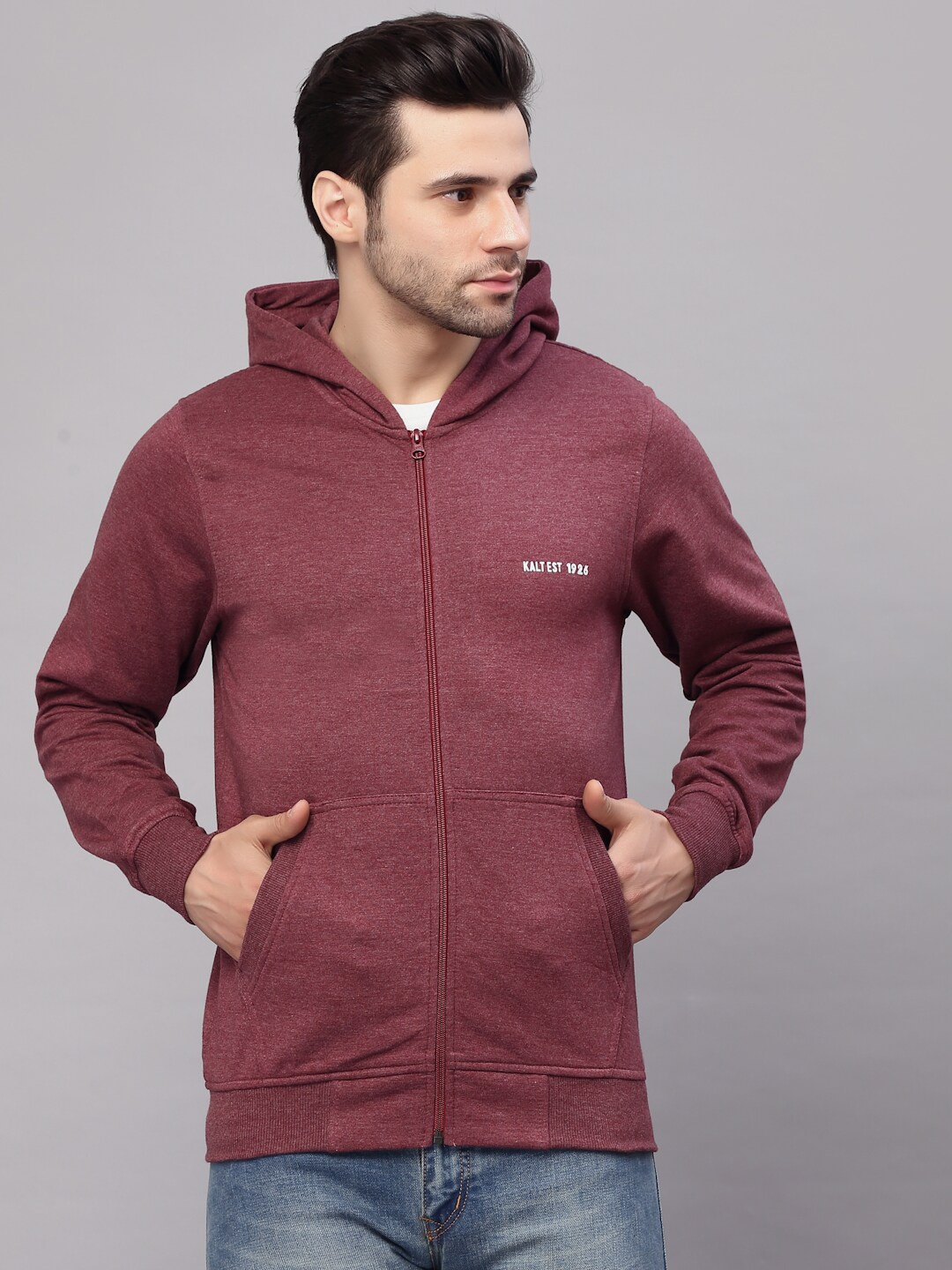 

Kalt Men Hooded Full Sleeves Sweatshirt, Maroon