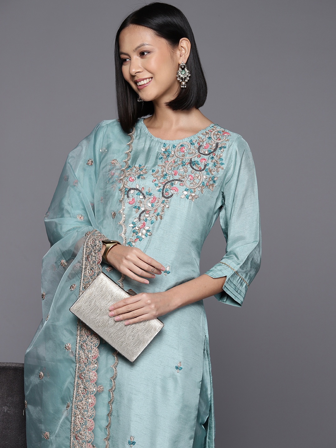 

Varanga Ethnic Motifs Embroidered Beads & Stones Kurta with Trousers & Dupatta, Blue