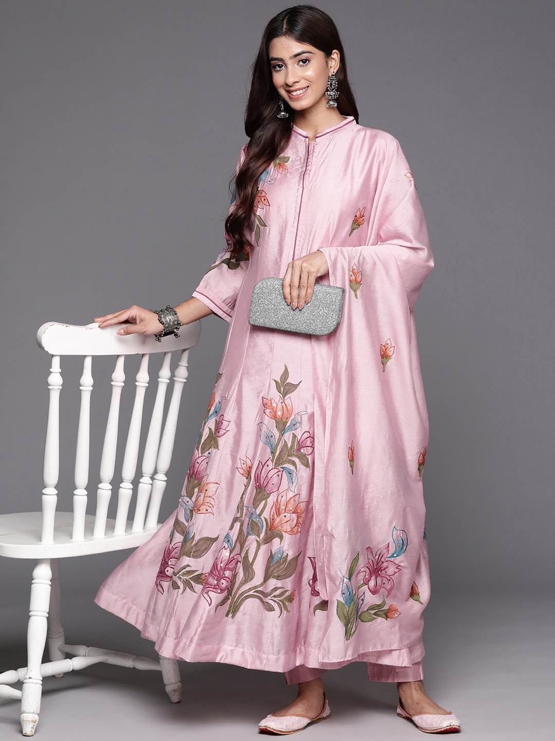 

Varanga Women Floral Printed Sequinned Chanderi Silk Kurta with Trousers & With Dupatta, Pink