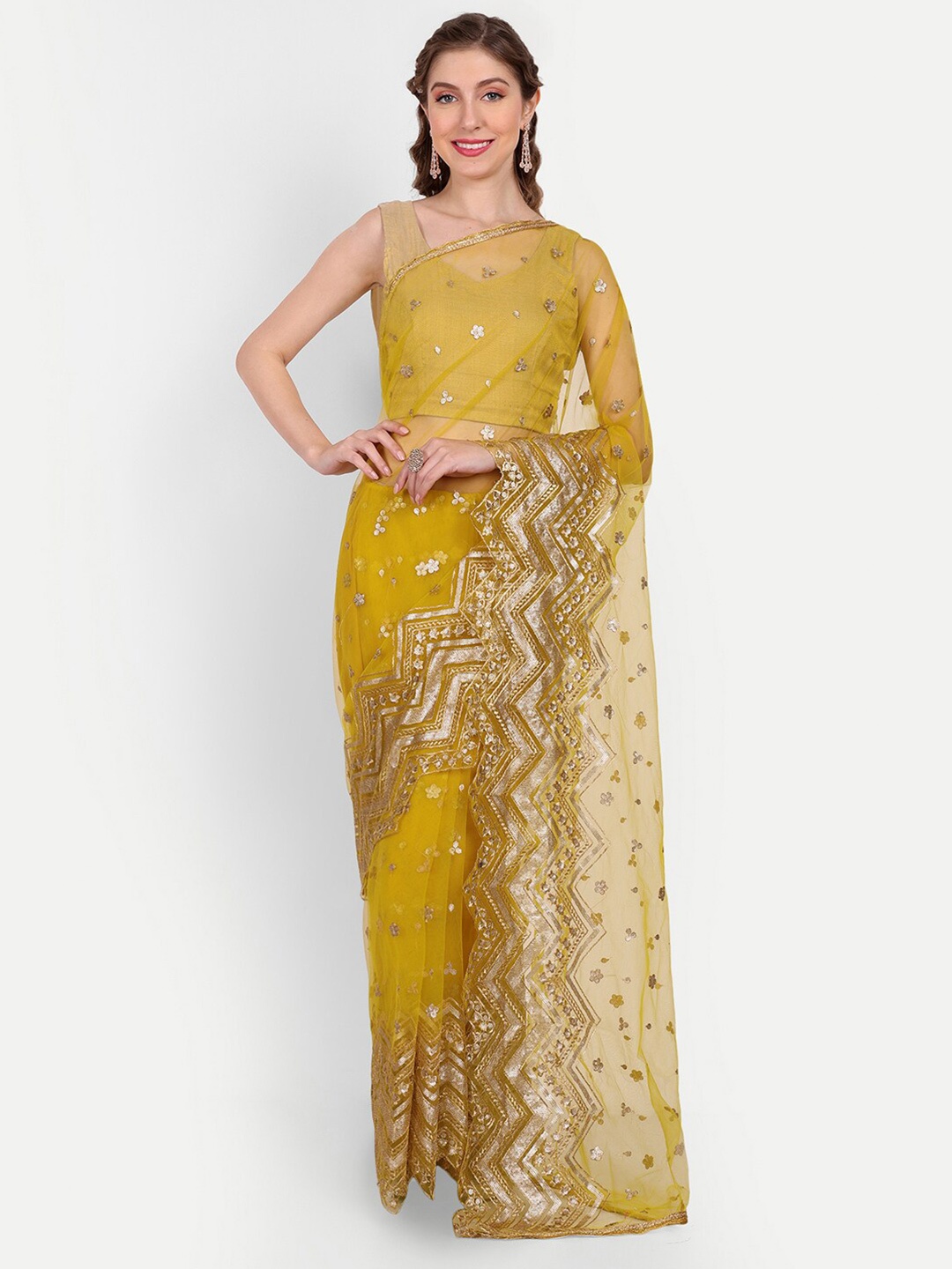 

Paramparik Textile Embellished Sequinned Net Saree, Mustard