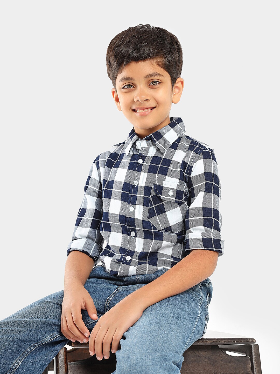 

LilPicks Boys Smart Fit Tartan Checked Spread Collar Cotton Casual Shirt, Black